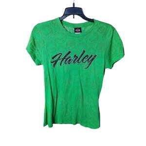 Cherokee N.C. Harley-Davidson Womens Green with Bling Graphic  T-Shirt Medium